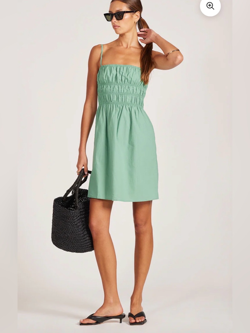 Bobi USA Sage Green Smocked Mini Dress  Pockets Size M | 100% Cotton | NWT